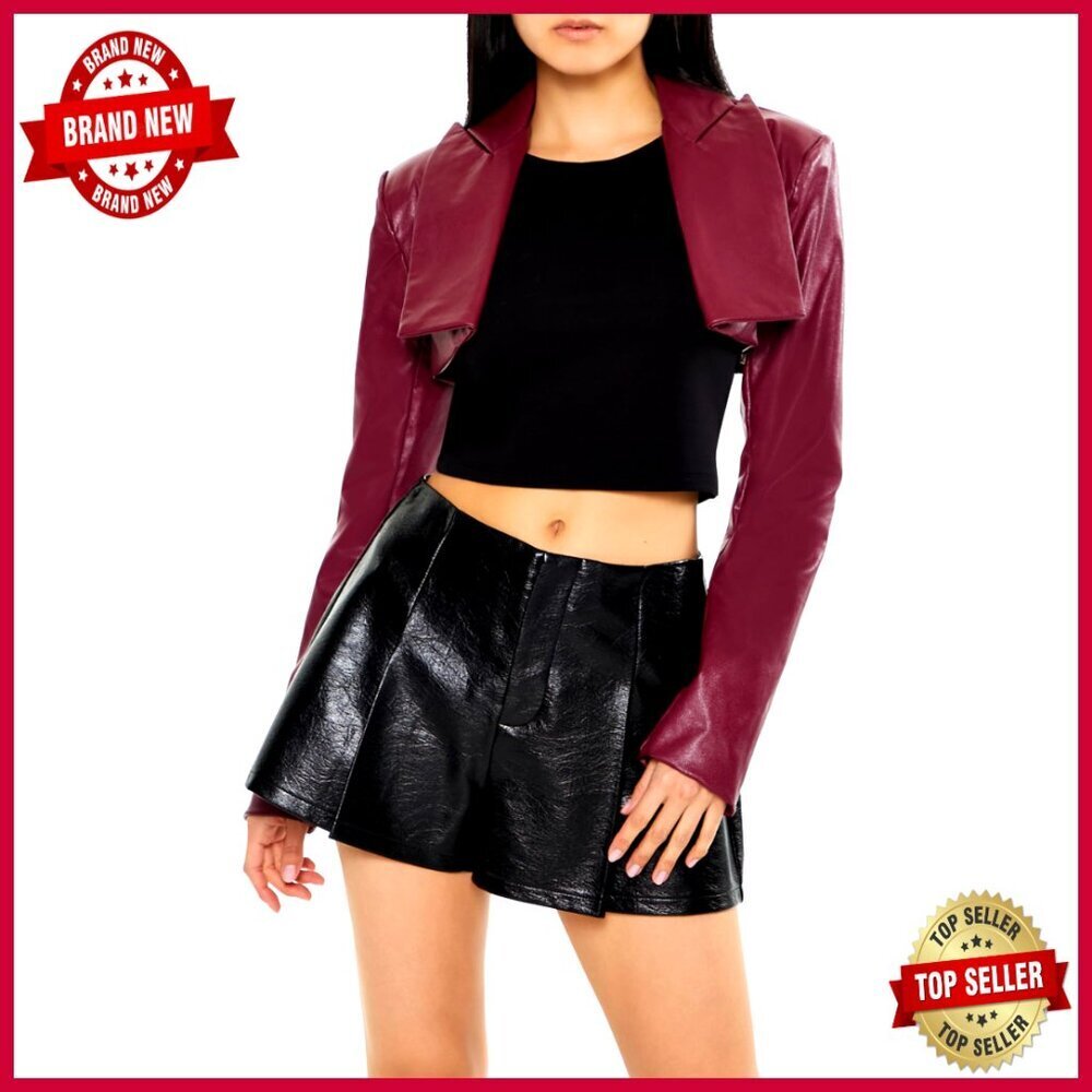 Faux Leather Cropped Blazer, Slim Fit, Long Sleeves, Casual Wear